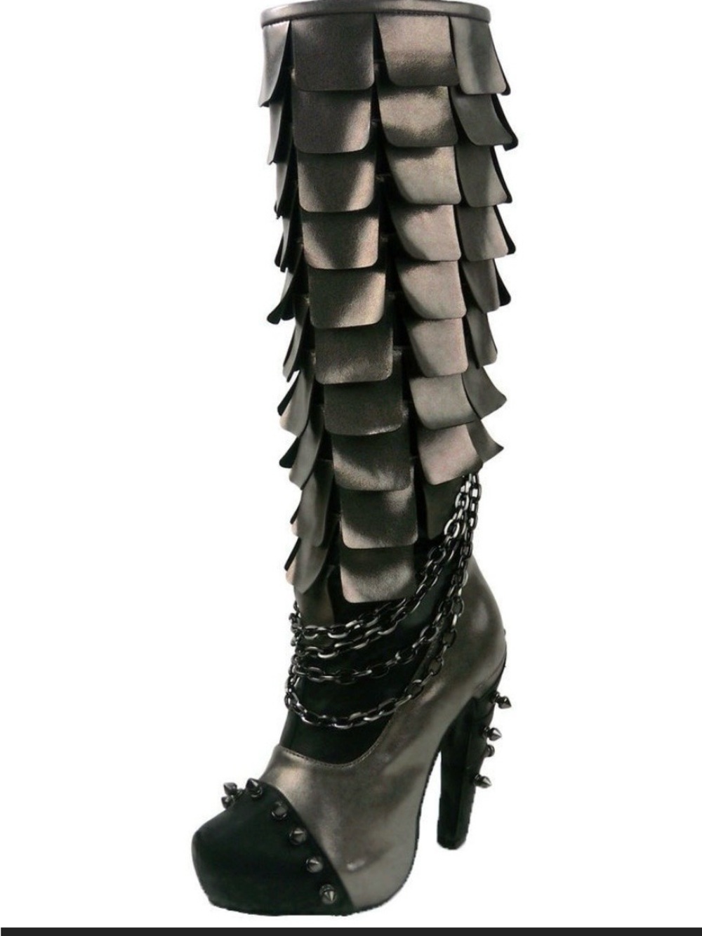 Hades Caymene Black Gunmetal 5” High Heel Knee Boot w/ Chain & Scaled Detail